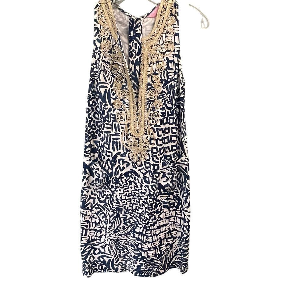 Lilly Pulitzer Carlotta Dress, Size 0 Indigo Home Slice Stretch Gold Casual